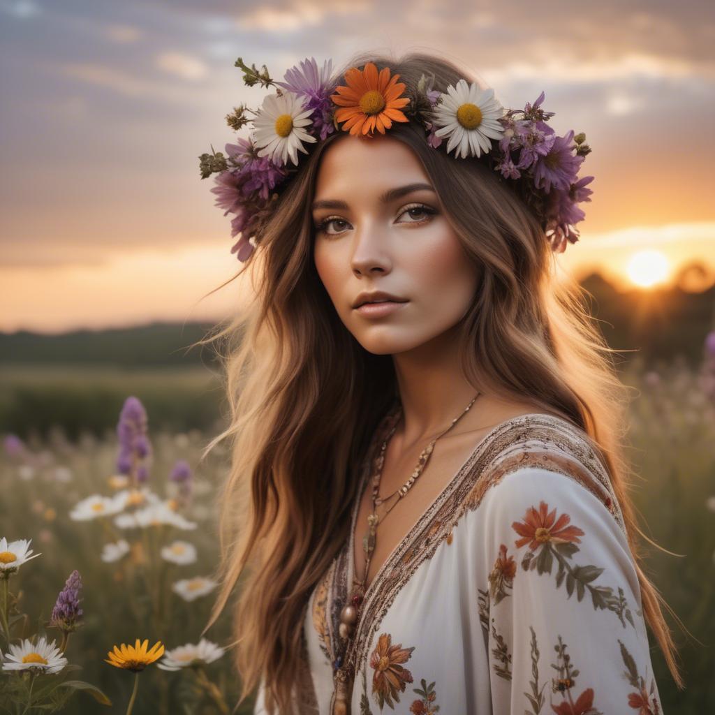 A stunning image of boho beauty surrounded by wildflowers at sunset.