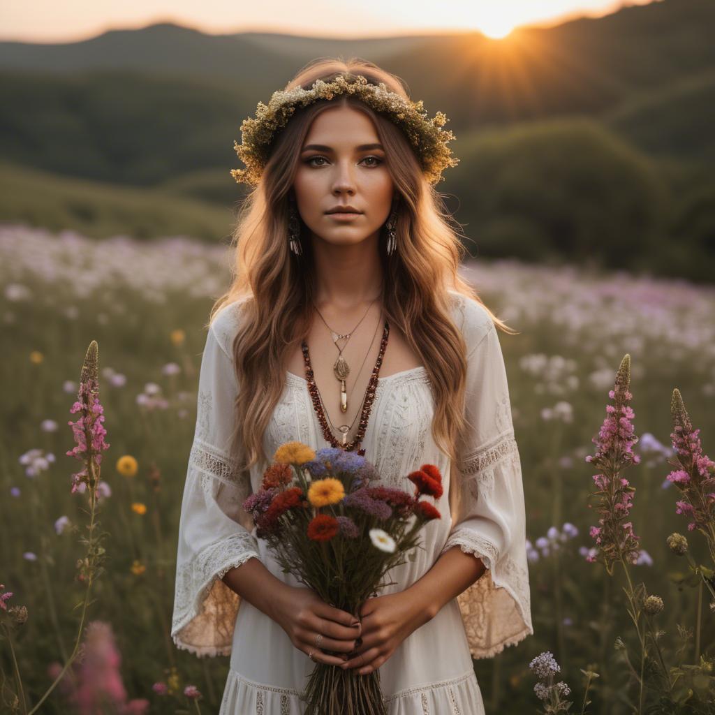 A stunning image of boho beauty surrounded by wildflowers at sunset.