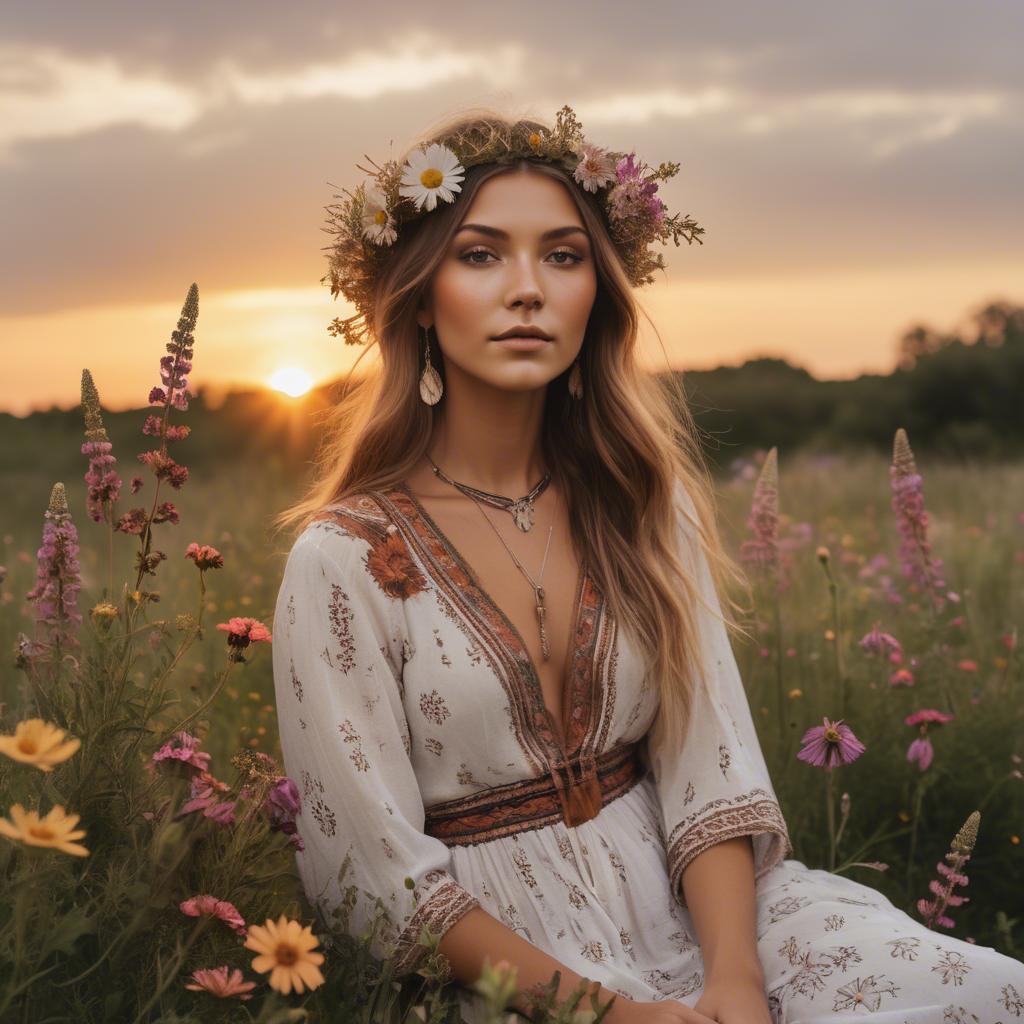 A stunning image of boho beauty surrounded by wildflowers at sunset.