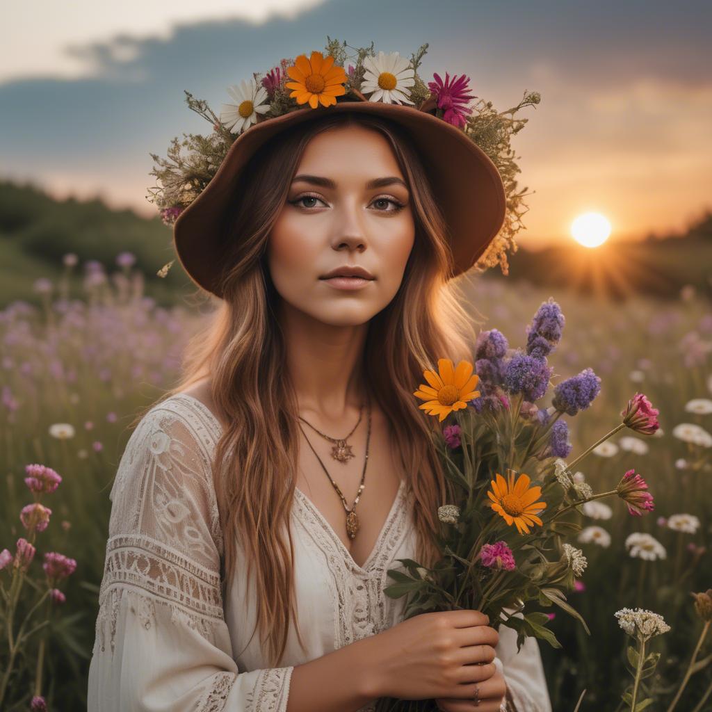 A stunning image of boho beauty surrounded by wildflowers at sunset.