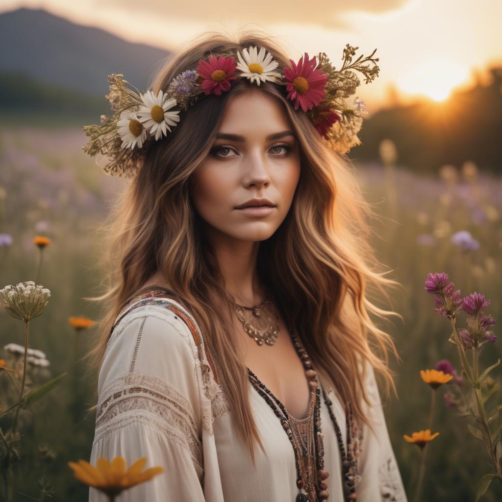 A stunning image of boho beauty surrounded by wildflowers at sunset.