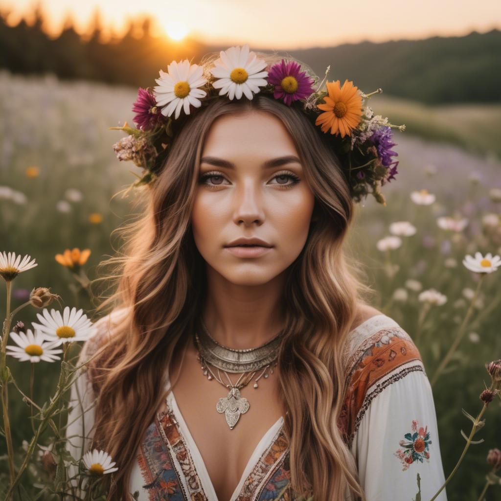 A stunning image of boho beauty surrounded by wildflowers at sunset.
