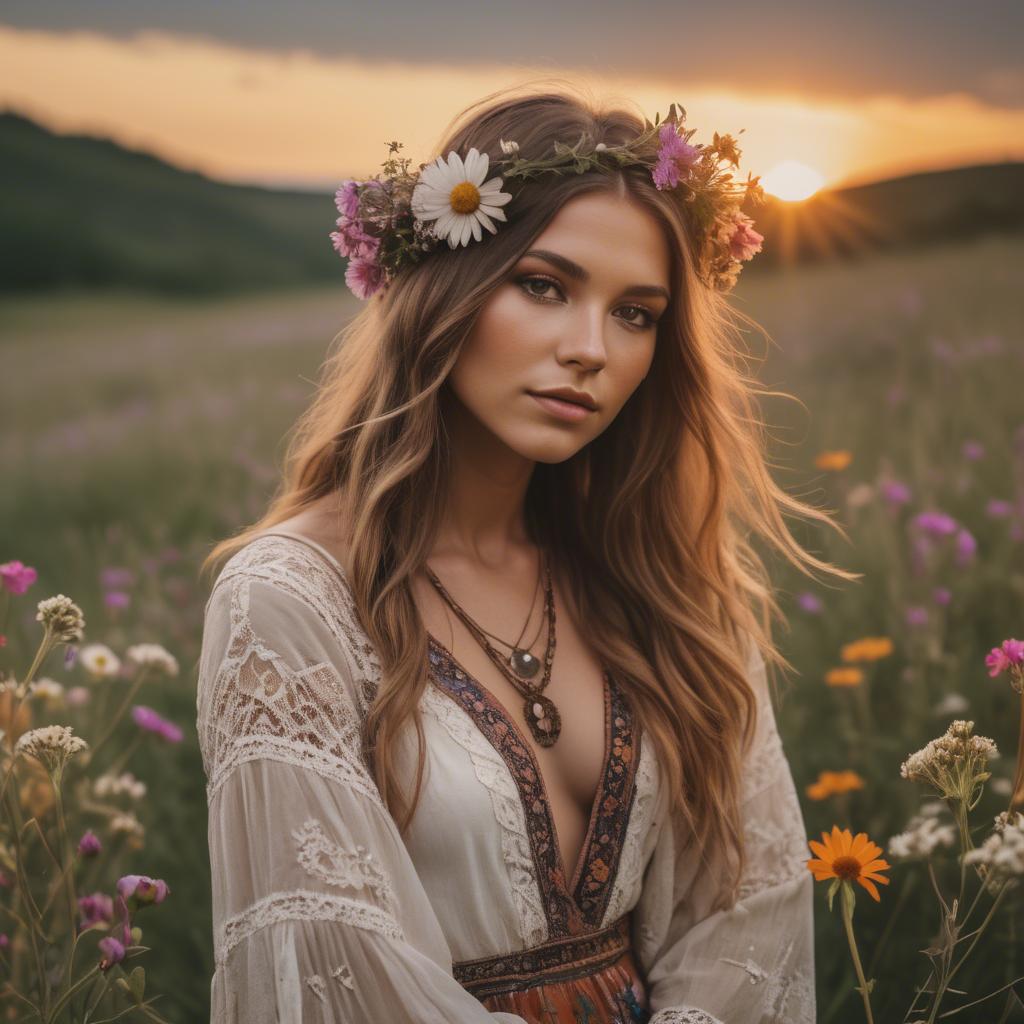 A stunning image of boho beauty surrounded by wildflowers at sunset.