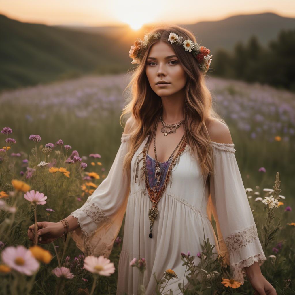 A stunning image of boho beauty surrounded by wildflowers at sunset.