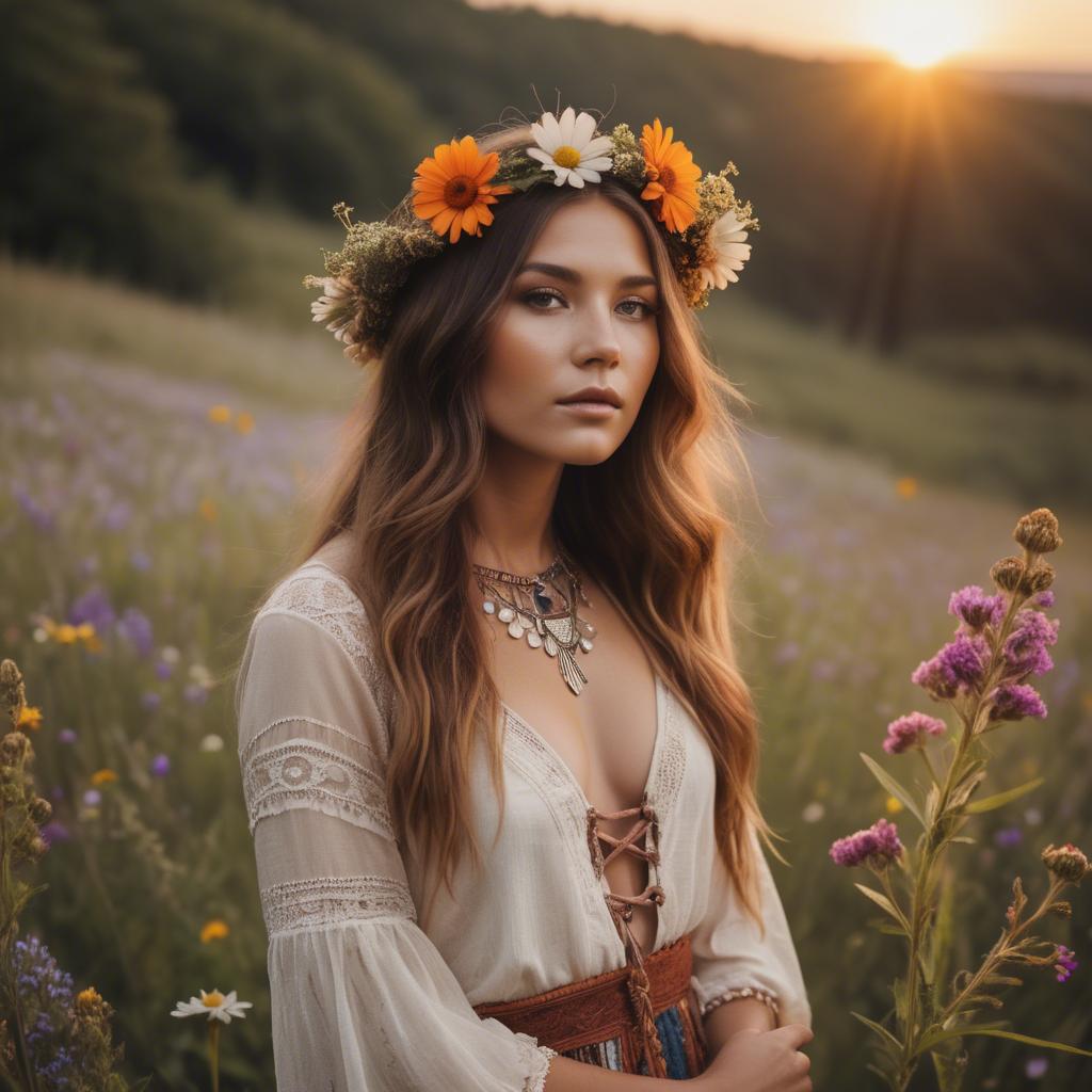 A stunning image of boho beauty surrounded by wildflowers at sunset.