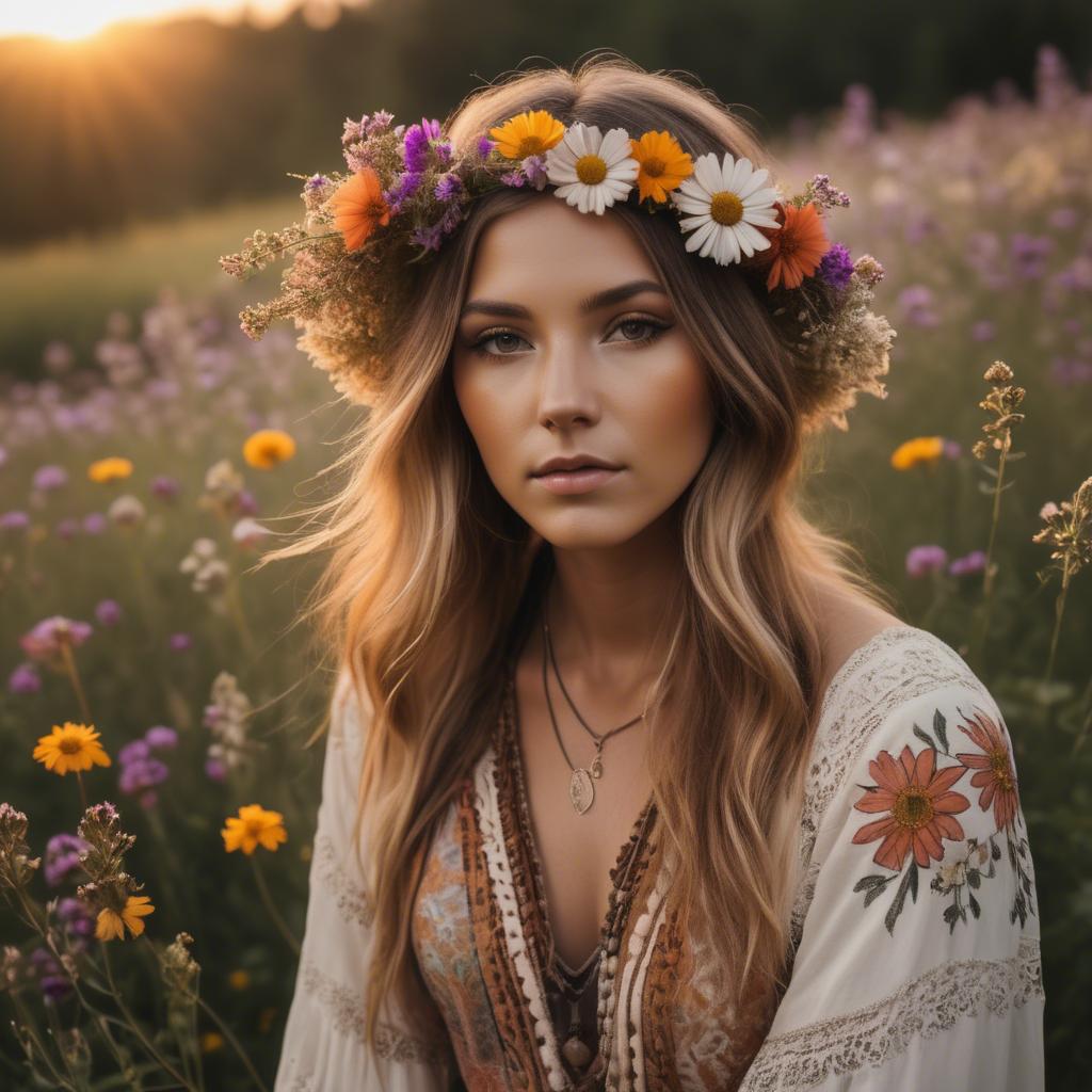 A stunning image of boho beauty surrounded by wildflowers at sunset.