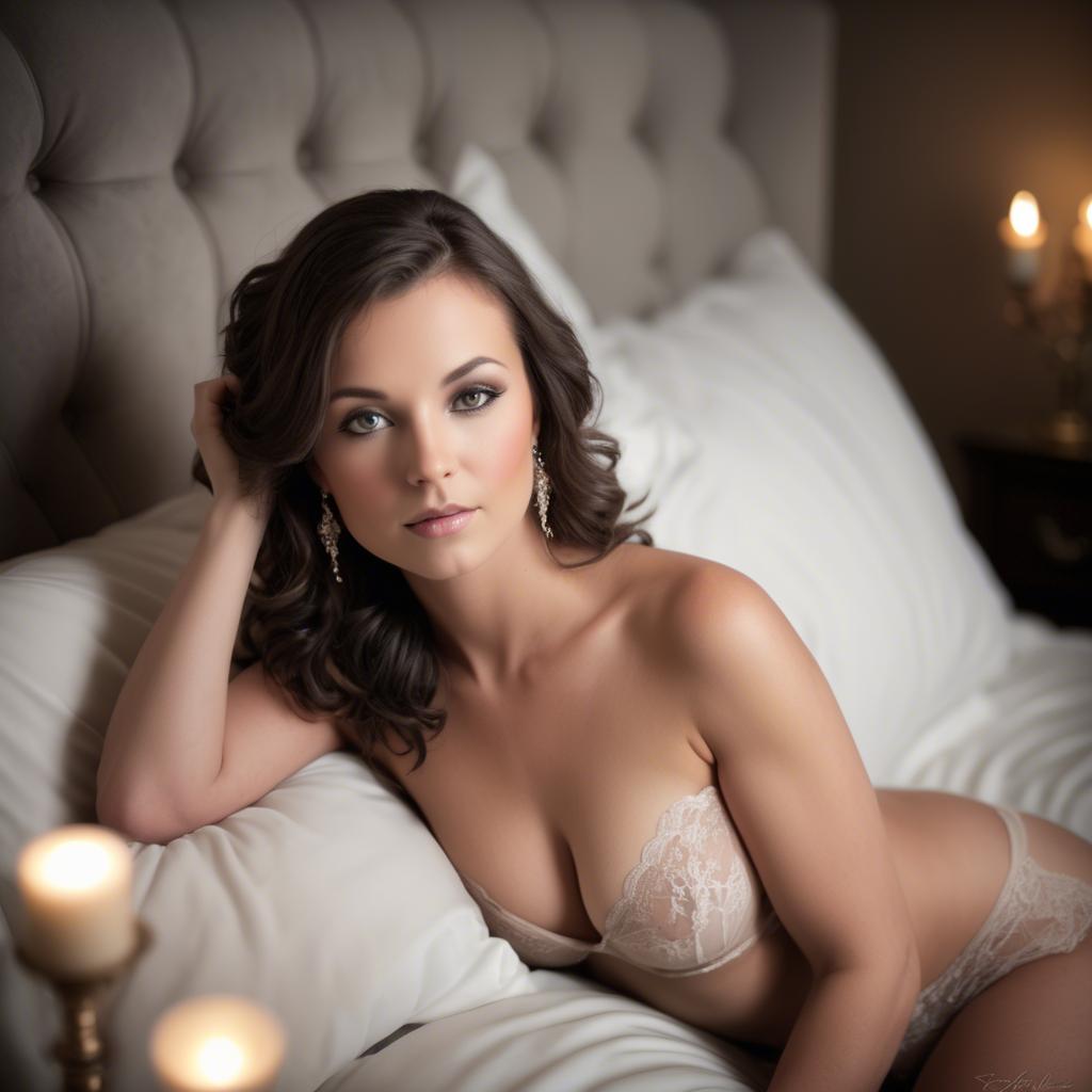 A stunning image of boudoir glamour, soft romantic lighting and sensual pose.
