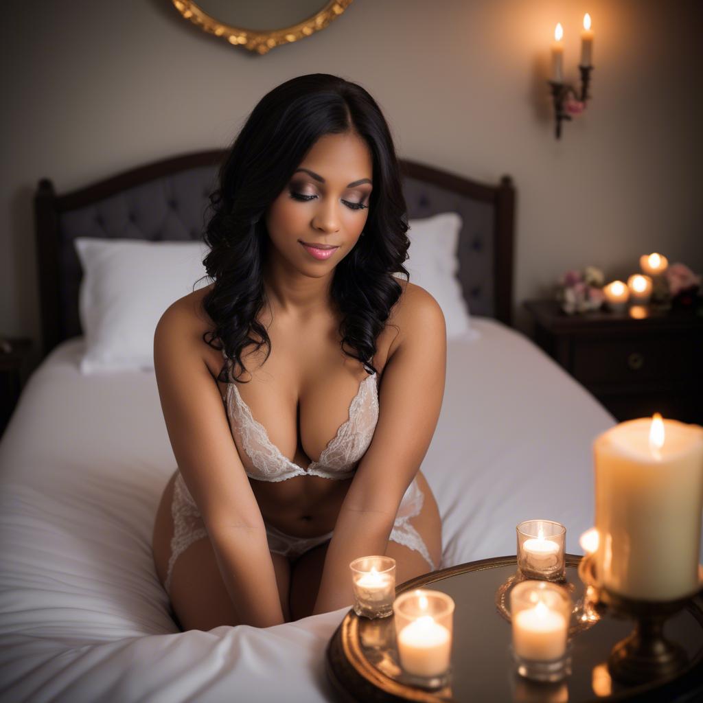 A stunning image of boudoir photoshoot, romantic candlelit setting.