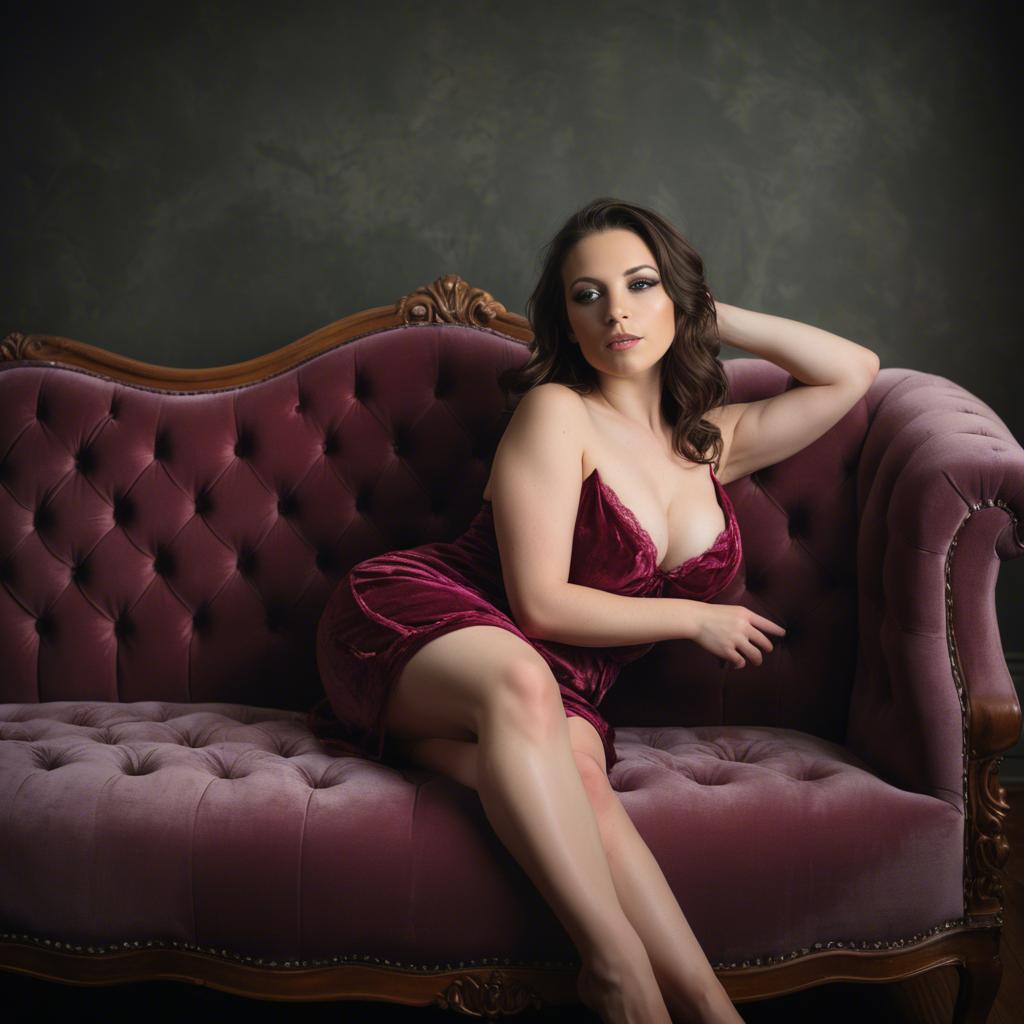 A stunning image of boudoir photoshoot, woman reclining on a velvet sofa.