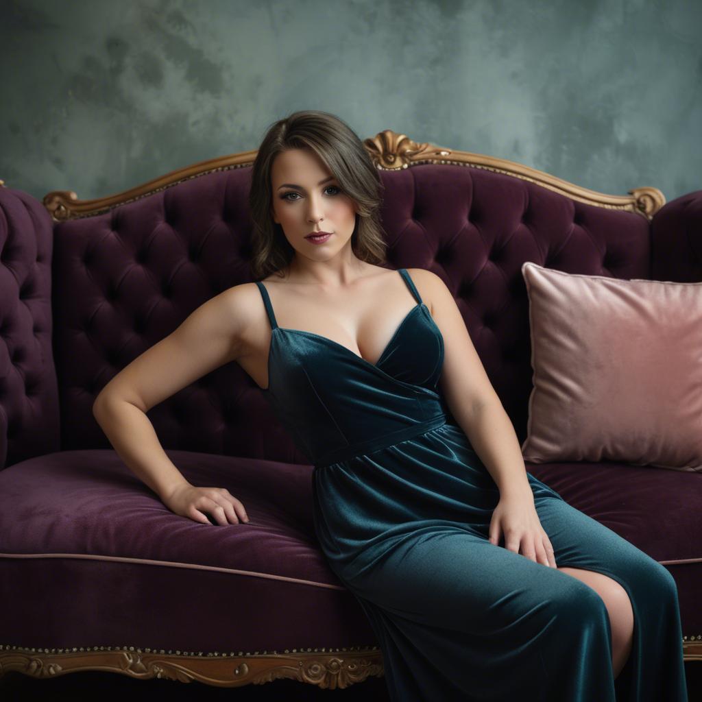 A stunning image of boudoir photoshoot, woman reclining on a velvet sofa.