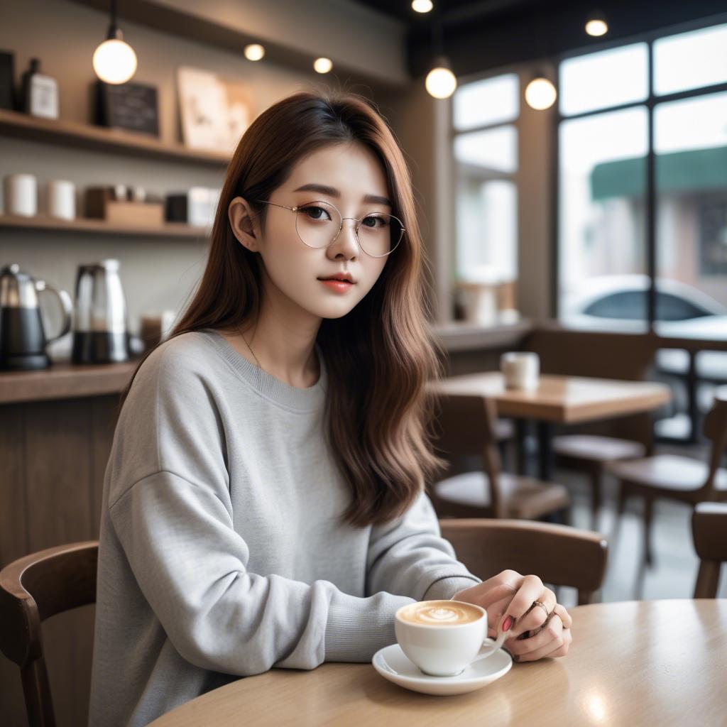 A stunning image of casual chic korean girl in a coffee shop.