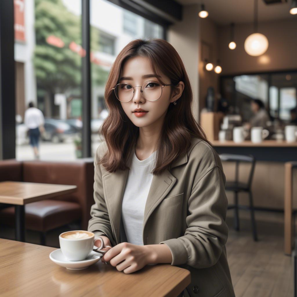 A stunning image of casual chic korean girl in a coffee shop.