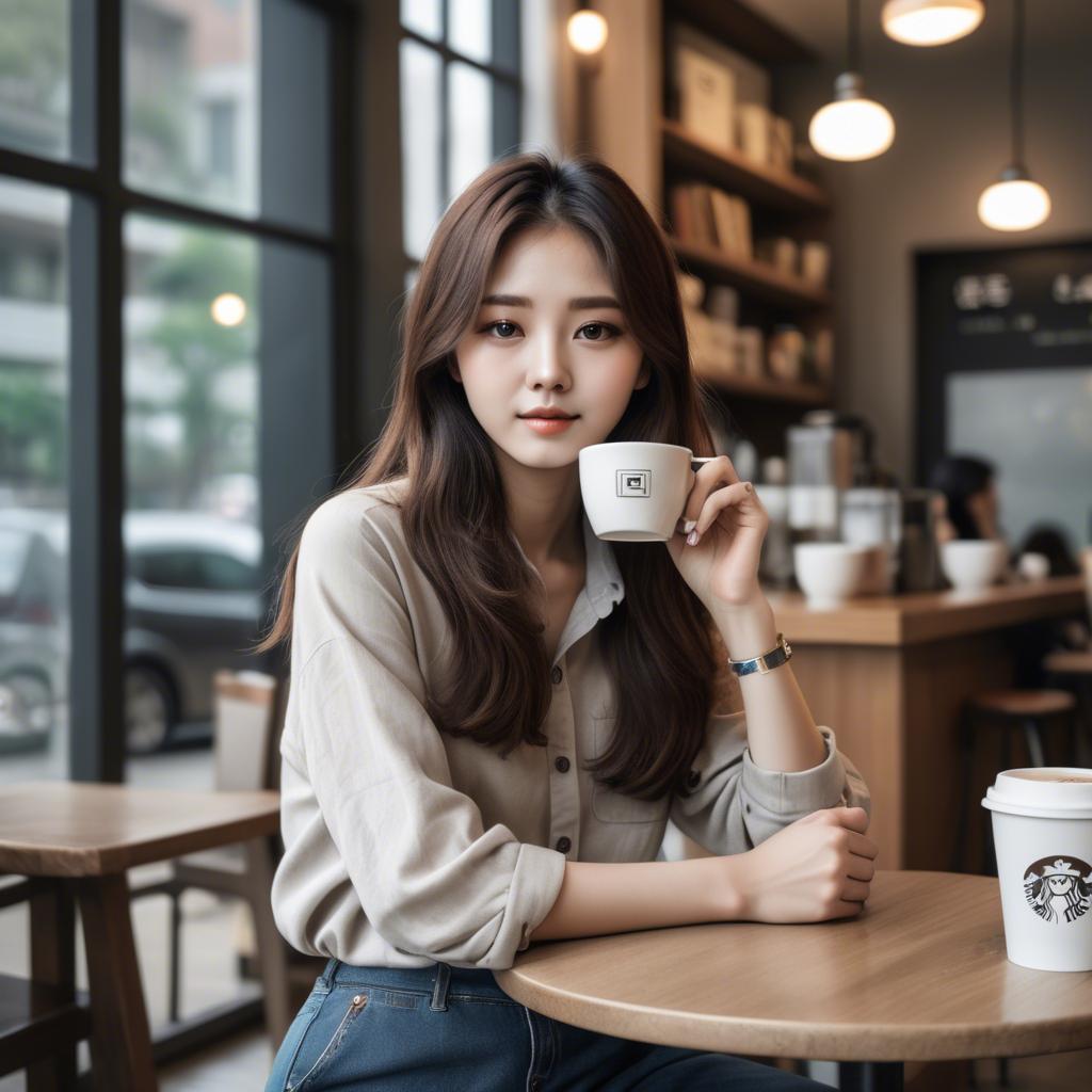 A stunning image of casual chic korean girl in a coffee shop.