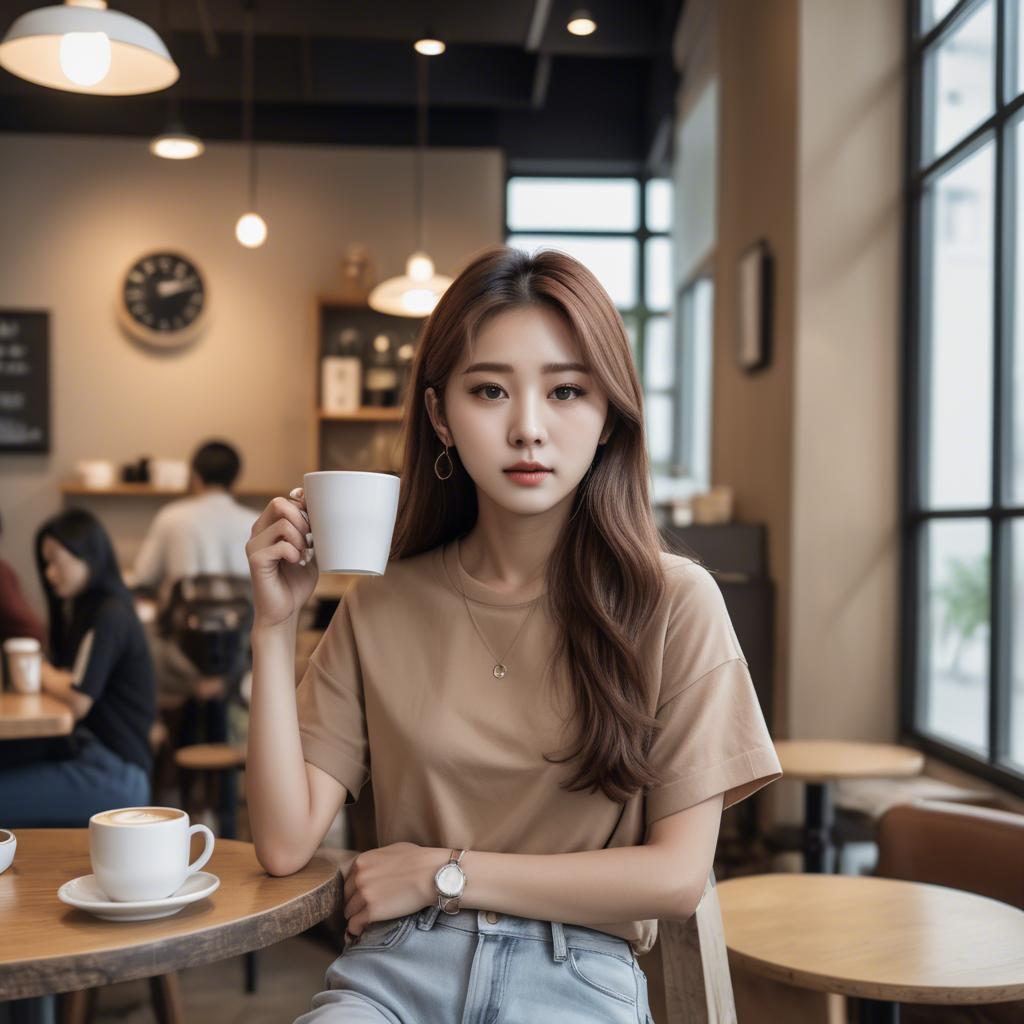 A stunning image of casual chic korean girl in a coffee shop.