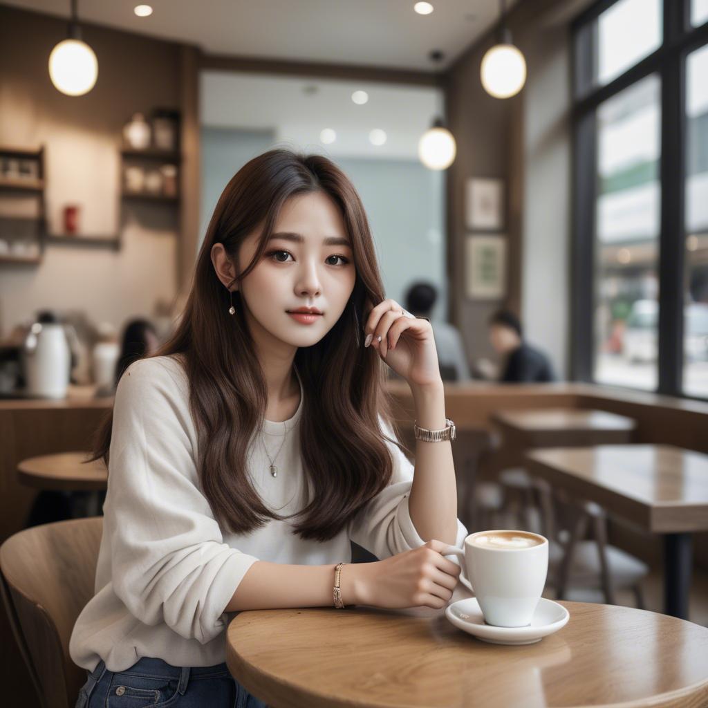 A stunning image of casual chic korean girl in a coffee shop.