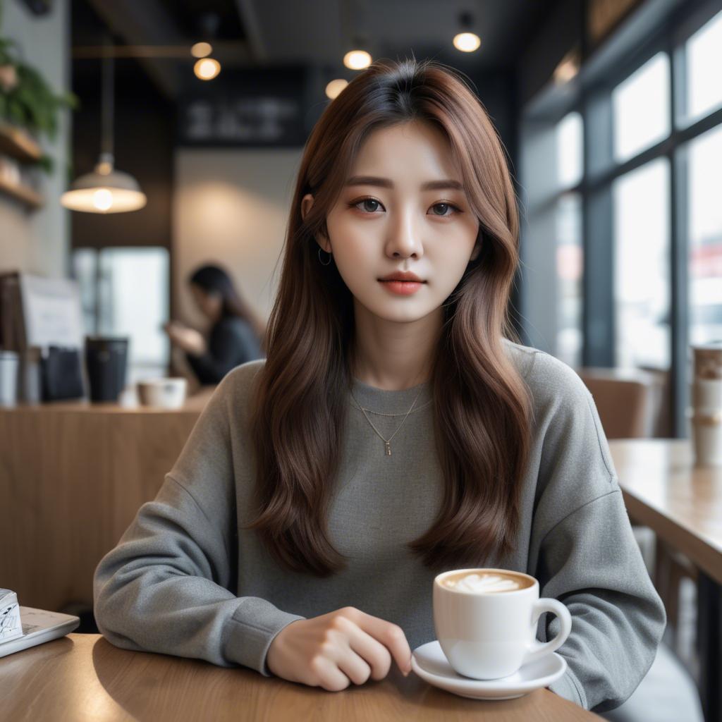 A stunning image of casual chic korean girl in a coffee shop.