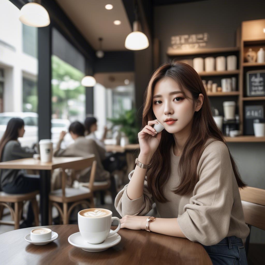 A stunning image of casual chic korean girl in a coffee shop.