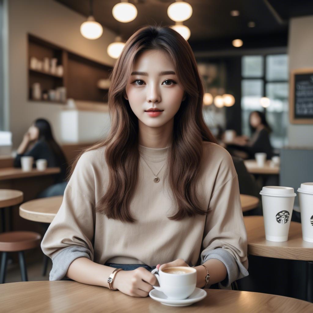 A stunning image of casual chic korean girl in a coffee shop.