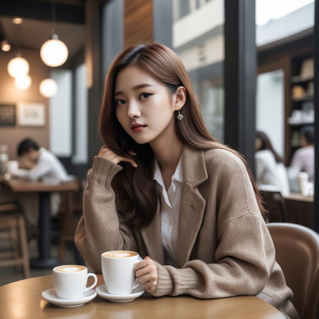 A stunning image of casual chic korean girl in a coffee shop.