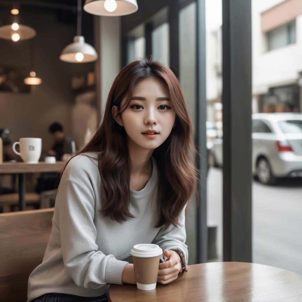 A stunning image of casual chic korean girl in a coffee shop.