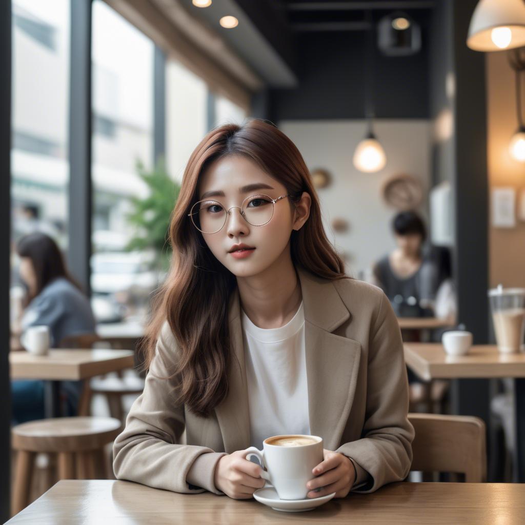 A stunning image of casual chic korean girl in a coffee shop.