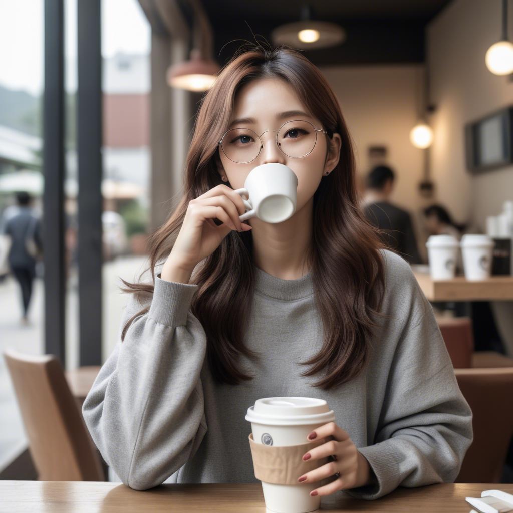 A stunning image of casual chic korean girl in a coffee shop.