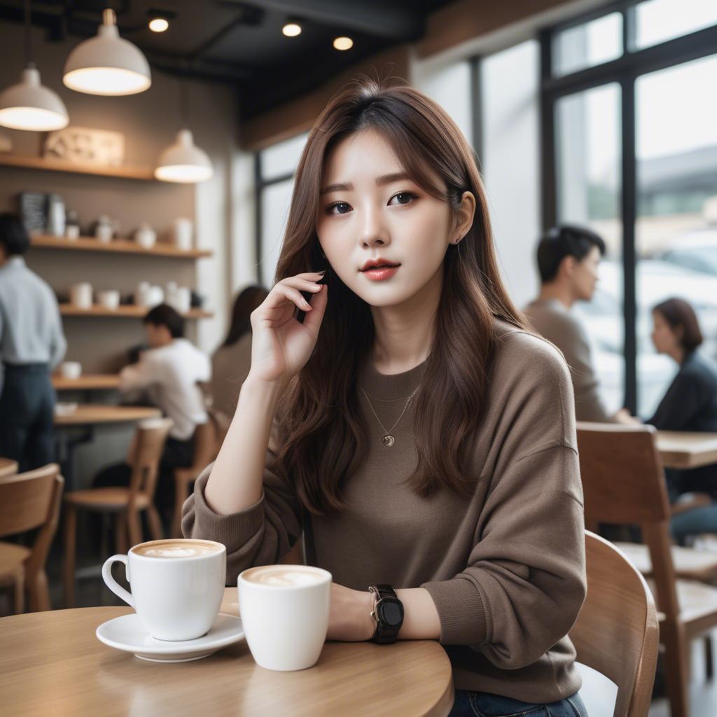 A stunning image of casual chic korean girl in a coffee shop.