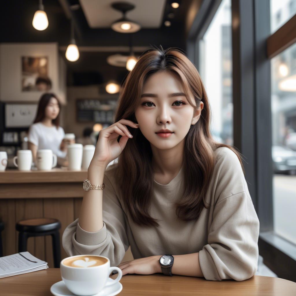 A stunning image of casual chic korean girl in a coffee shop.
