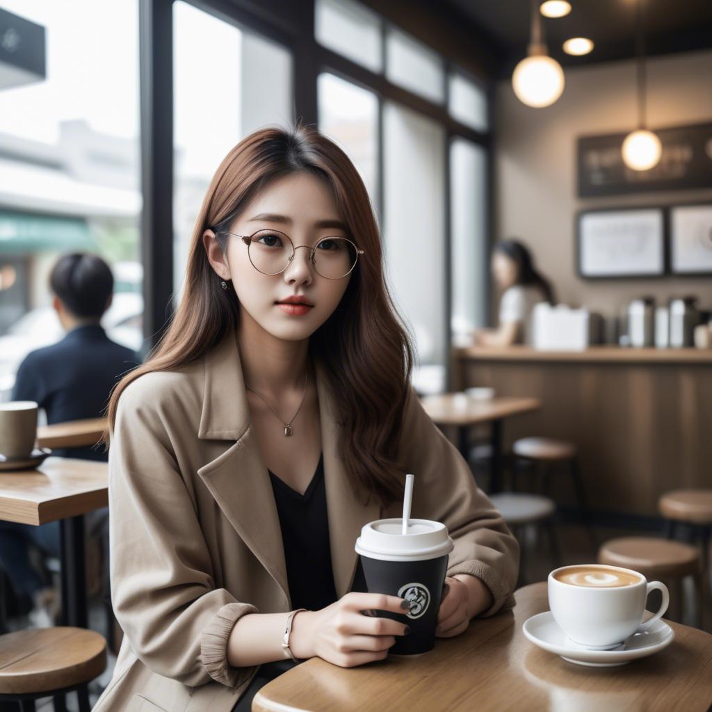 A stunning image of casual chic korean girl in a coffee shop.