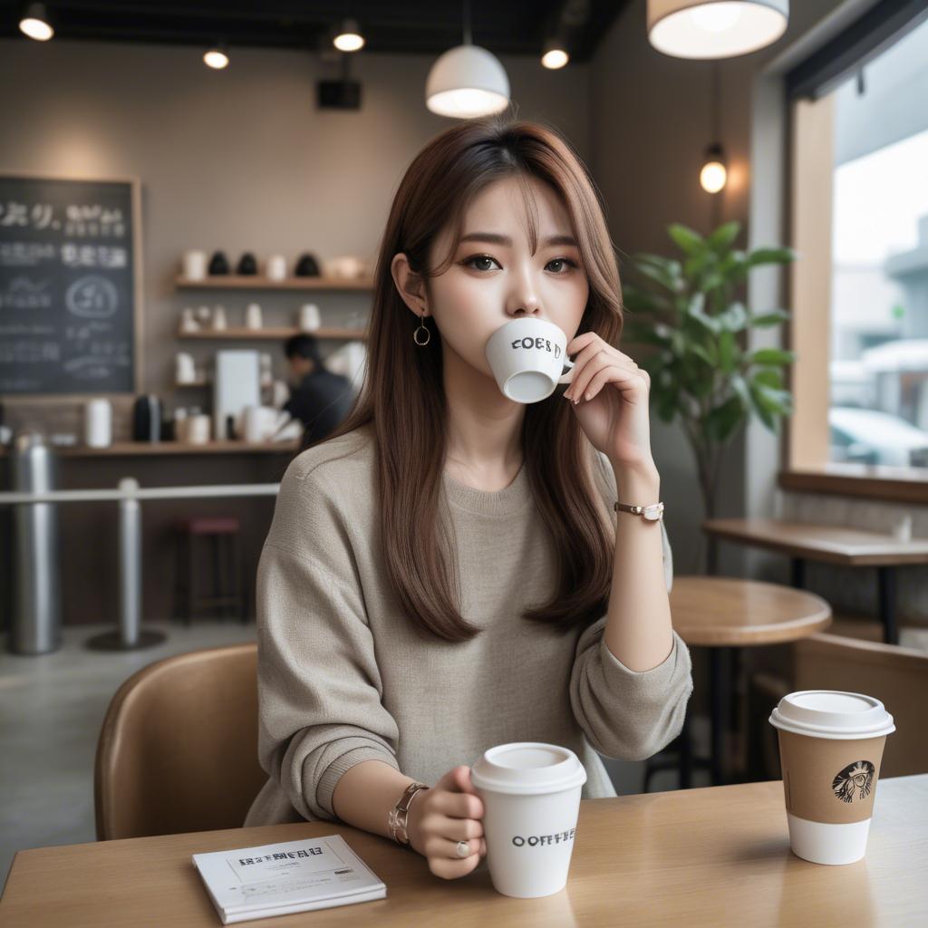 A stunning image of casual chic korean girl in a coffee shop.