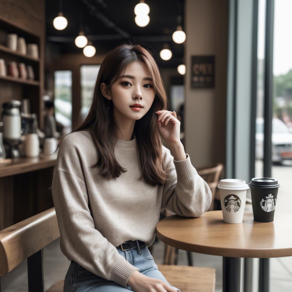A stunning image of casual chic korean girl in a coffee shop.