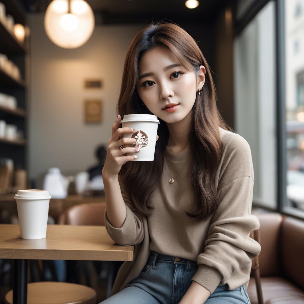 A stunning image of casual chic korean girl in a coffee shop.