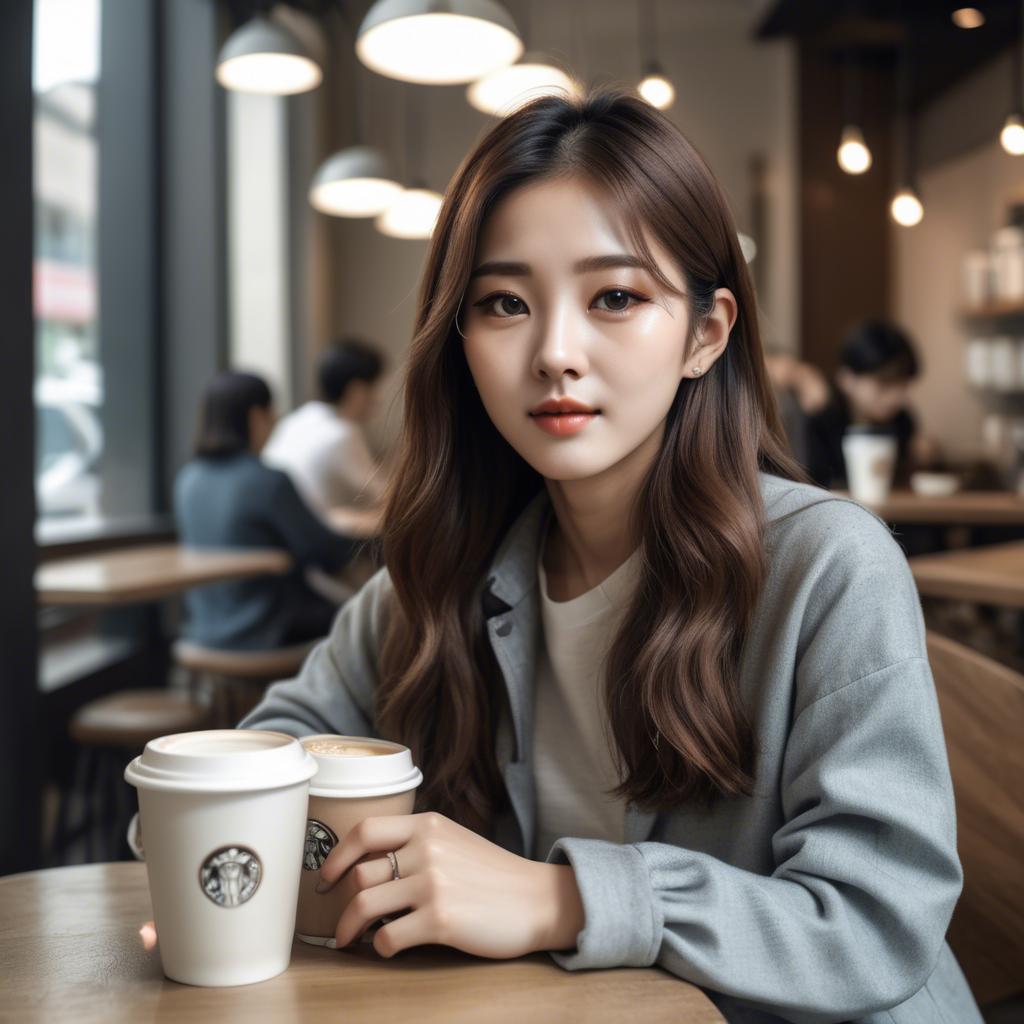 A stunning image of casual chic korean girl in a coffee shop.