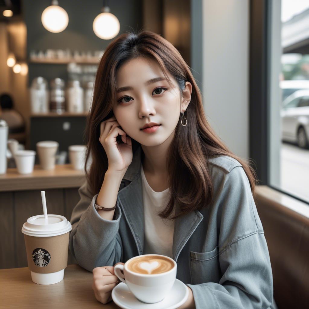 A stunning image of casual chic korean girl in a coffee shop.