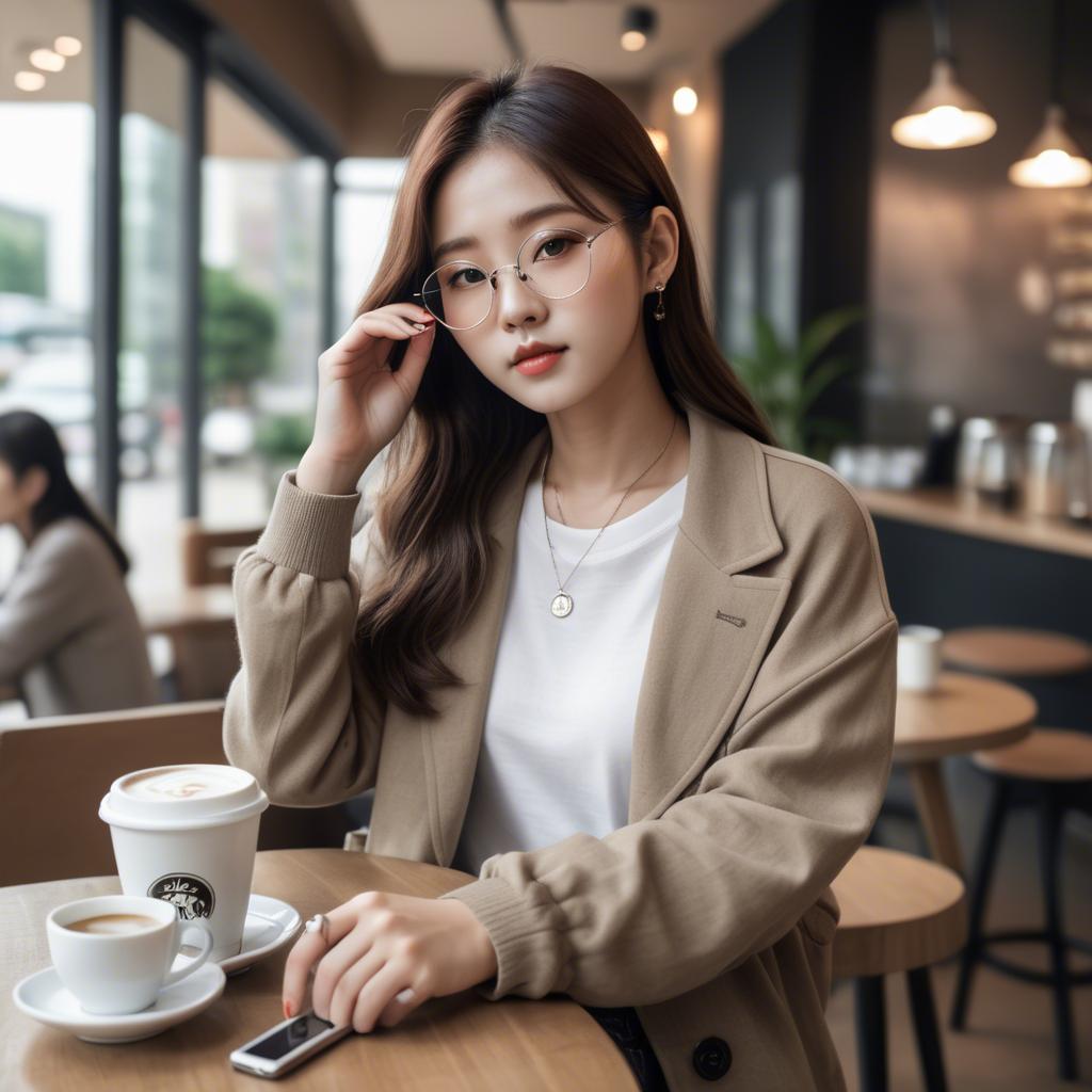 A stunning image of casual chic korean girl in a coffee shop.