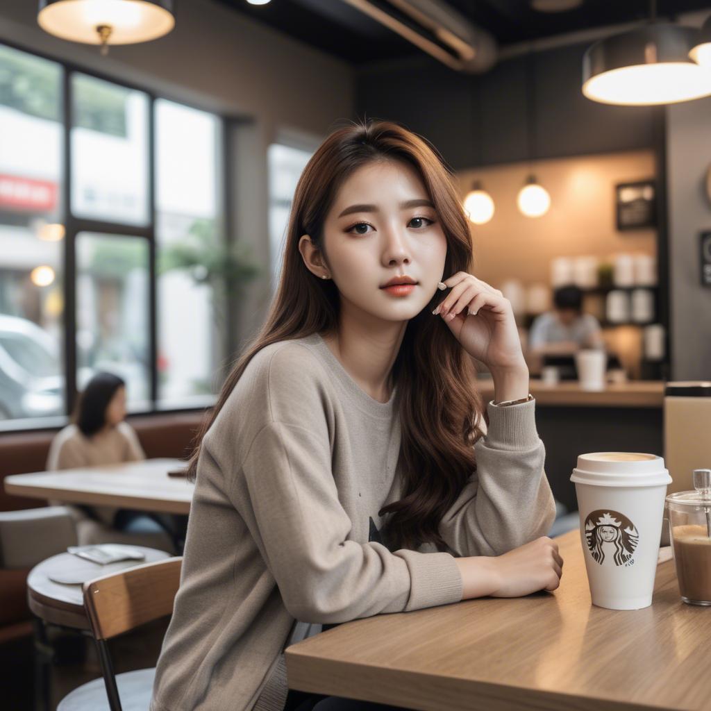 A stunning image of casual chic korean girl in a coffee shop.