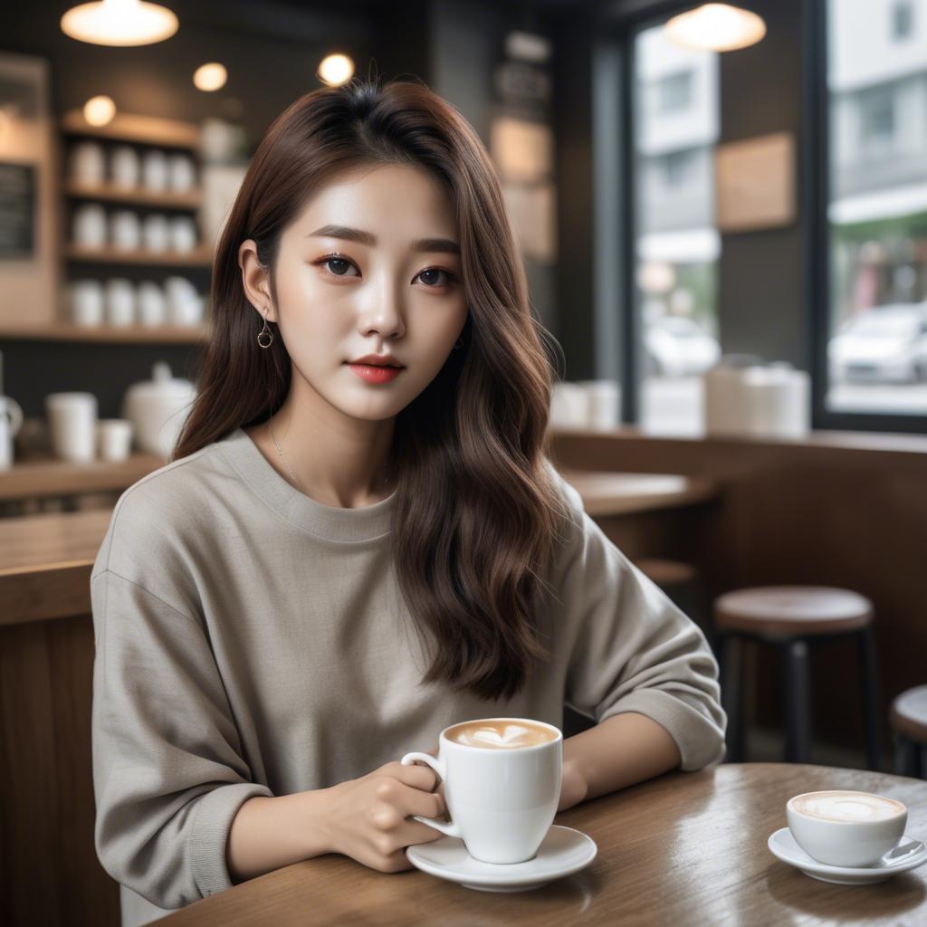 A stunning image of casual chic korean girl in a coffee shop.