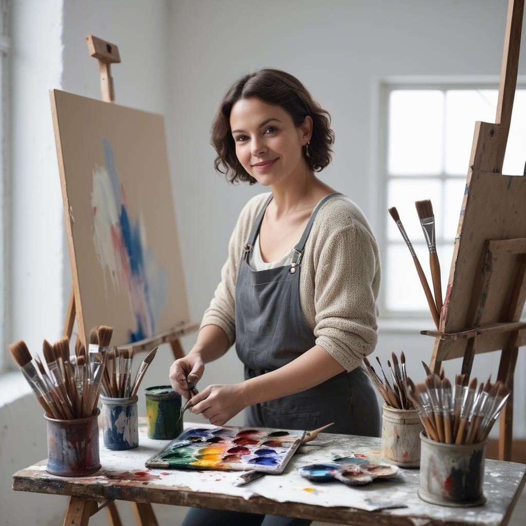 A stunning image of charming artist with paint brushes in an airy studio.