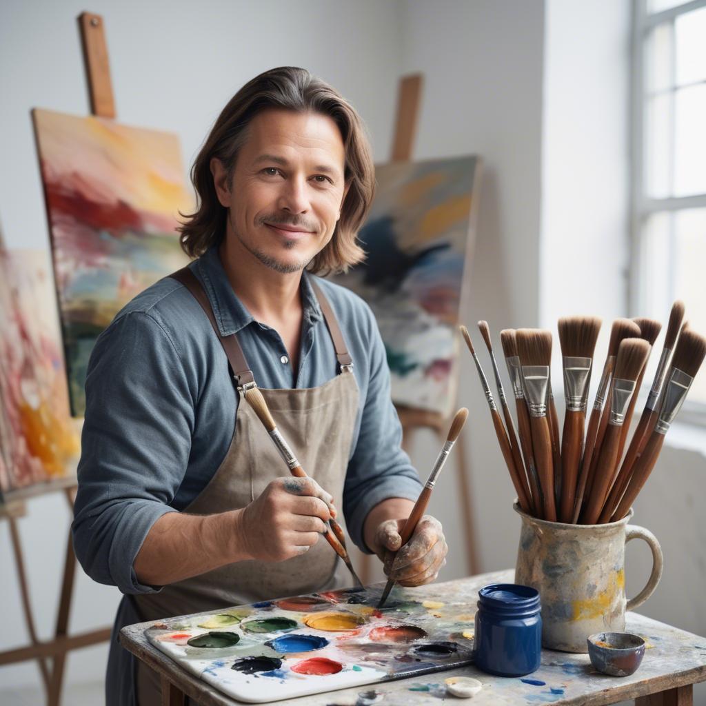 A stunning image of charming artist with paint brushes in an airy studio.