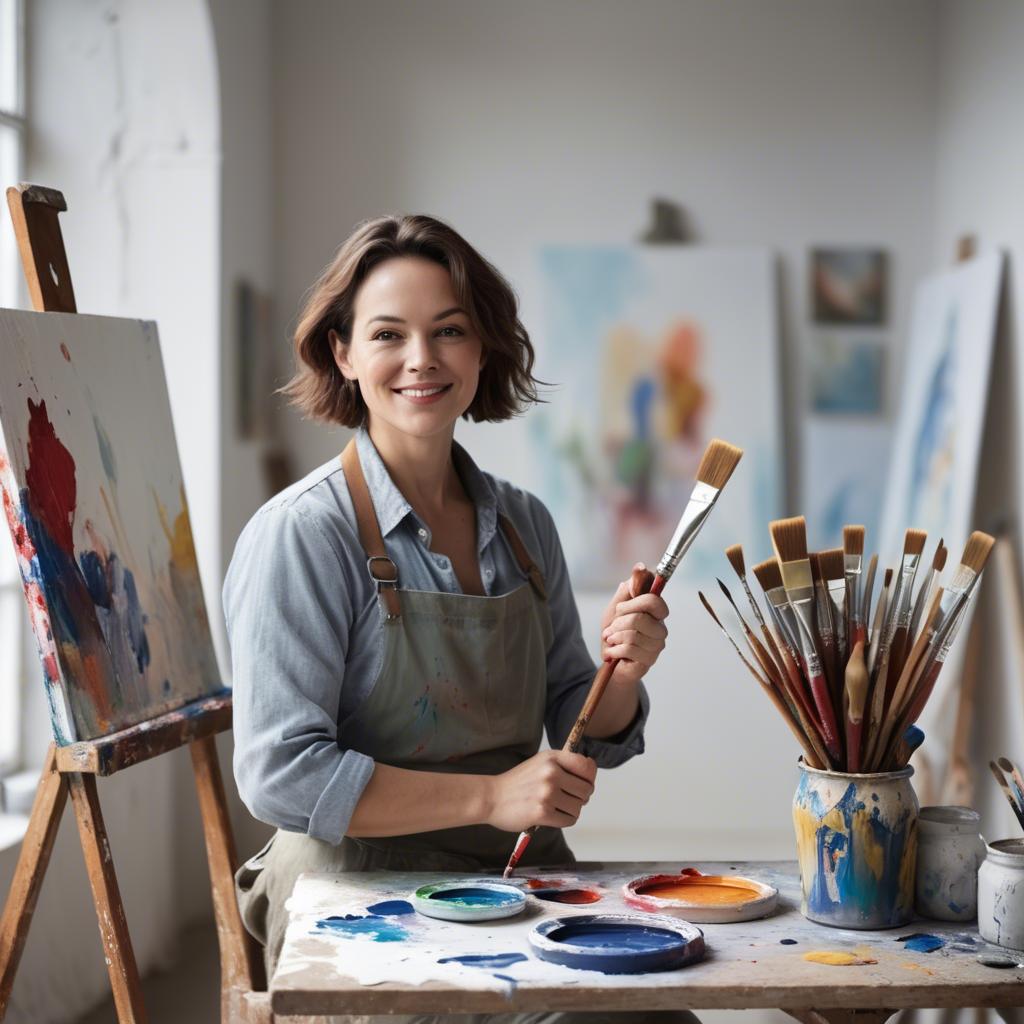 A stunning image of charming artist with paint brushes in an airy studio.