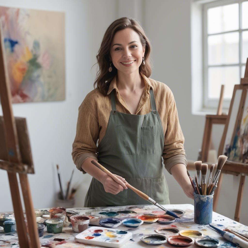 A stunning image of charming artist with paint brushes in an airy studio.