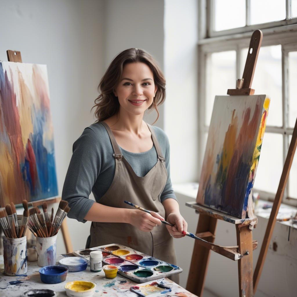A stunning image of charming artist with paint brushes in an airy studio.