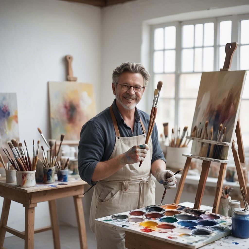 A stunning image of charming artist with paint brushes in an airy studio.