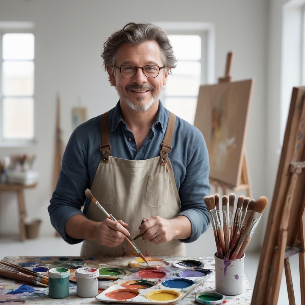 A stunning image of charming artist with paint brushes in an airy studio.