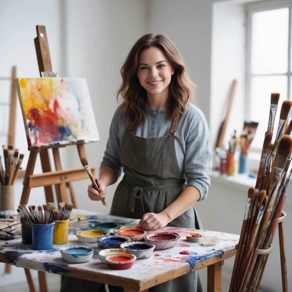 A stunning image of charming artist with paint brushes in an airy studio.