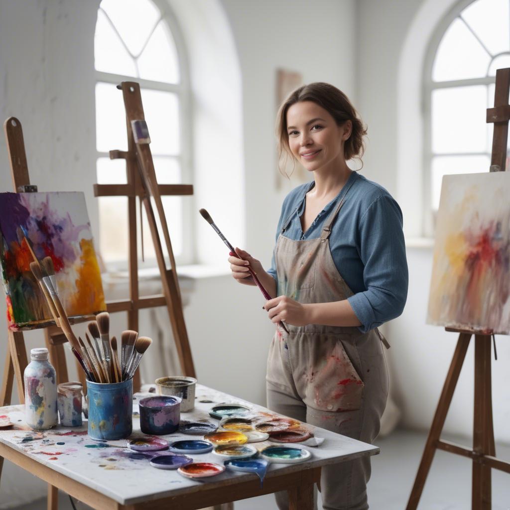 A stunning image of charming artist with paint brushes in an airy studio.