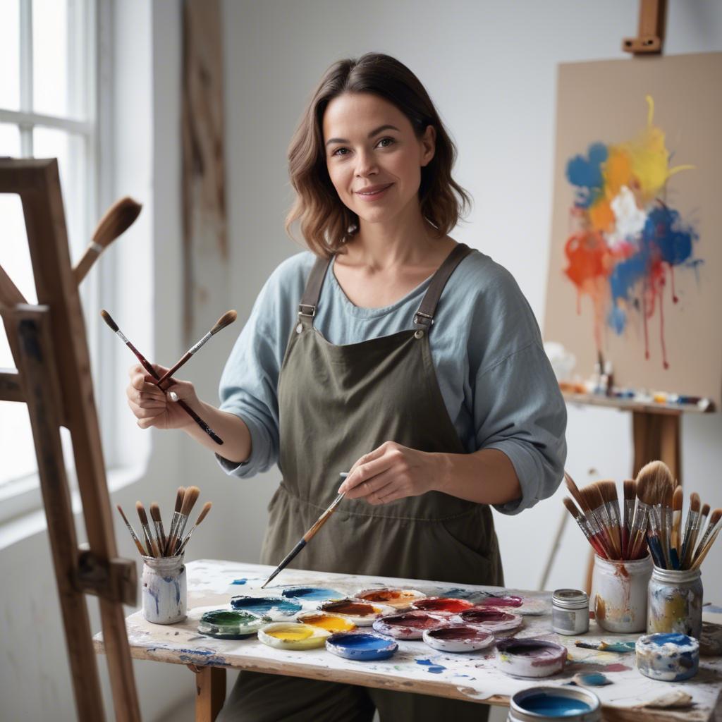 A stunning image of charming artist with paint brushes in an airy studio.