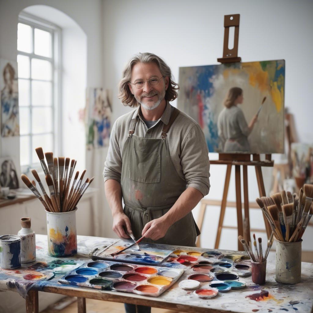 A stunning image of charming artist with paint brushes in an airy studio.