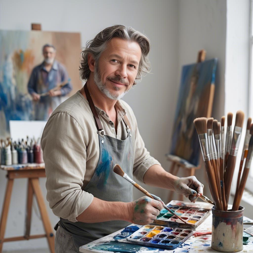 A stunning image of charming artist with paint brushes in an airy studio.