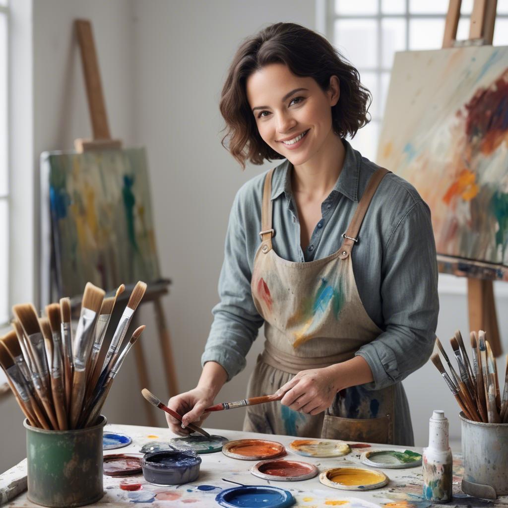 A stunning image of charming artist with paint brushes in an airy studio.
